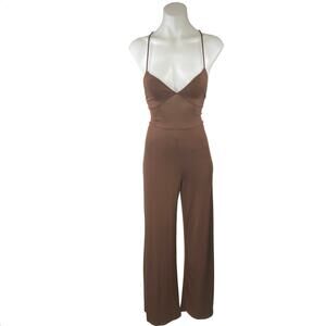 Bershka Brown Sleeveless Cross Back Lace Up Cami Tank Wide Leg Jumpsuit Size XS